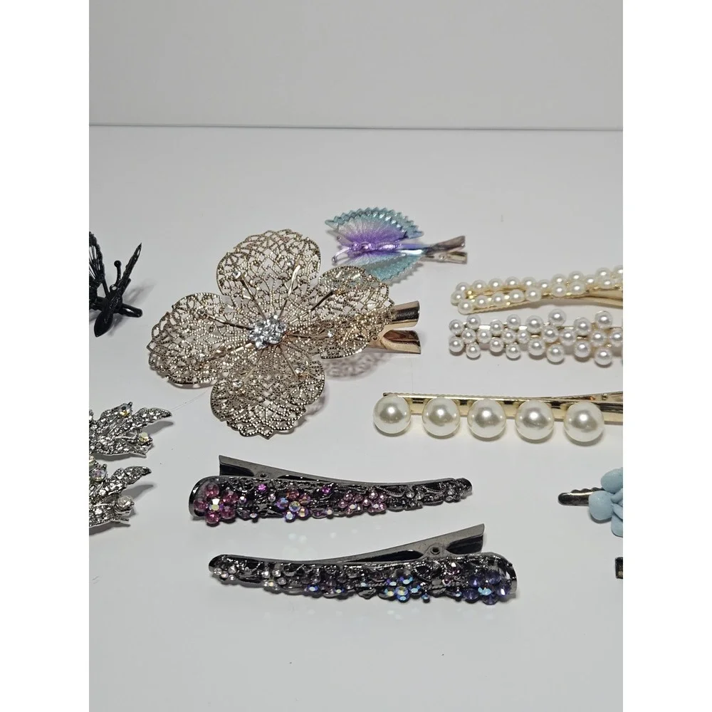 Vintage Hair Barrettes Clips Lot 21pc Huge Rhinestone Pearl Butterfly Floral Set